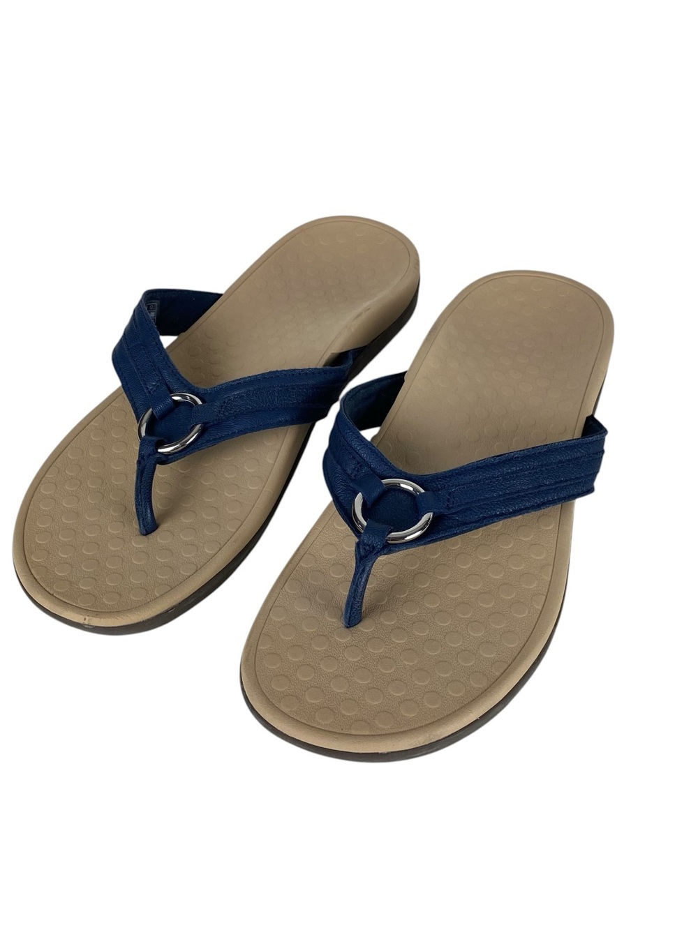 Vionic Aloe Navy Blue Leather Sandals Toe Post Orthotic Arch Thongs Flip Flops - Picture 3 of 11